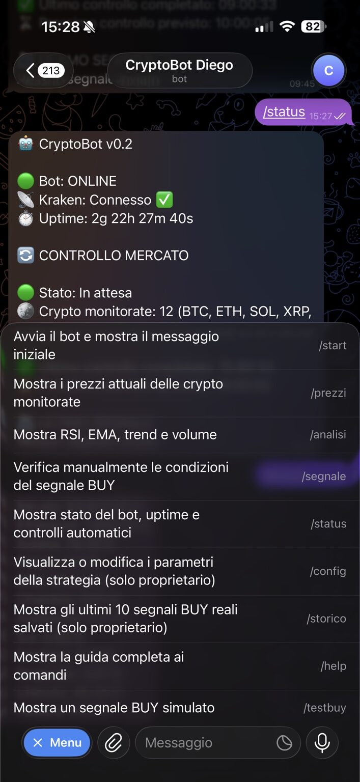 Menu dei comandi di CryptoBot
