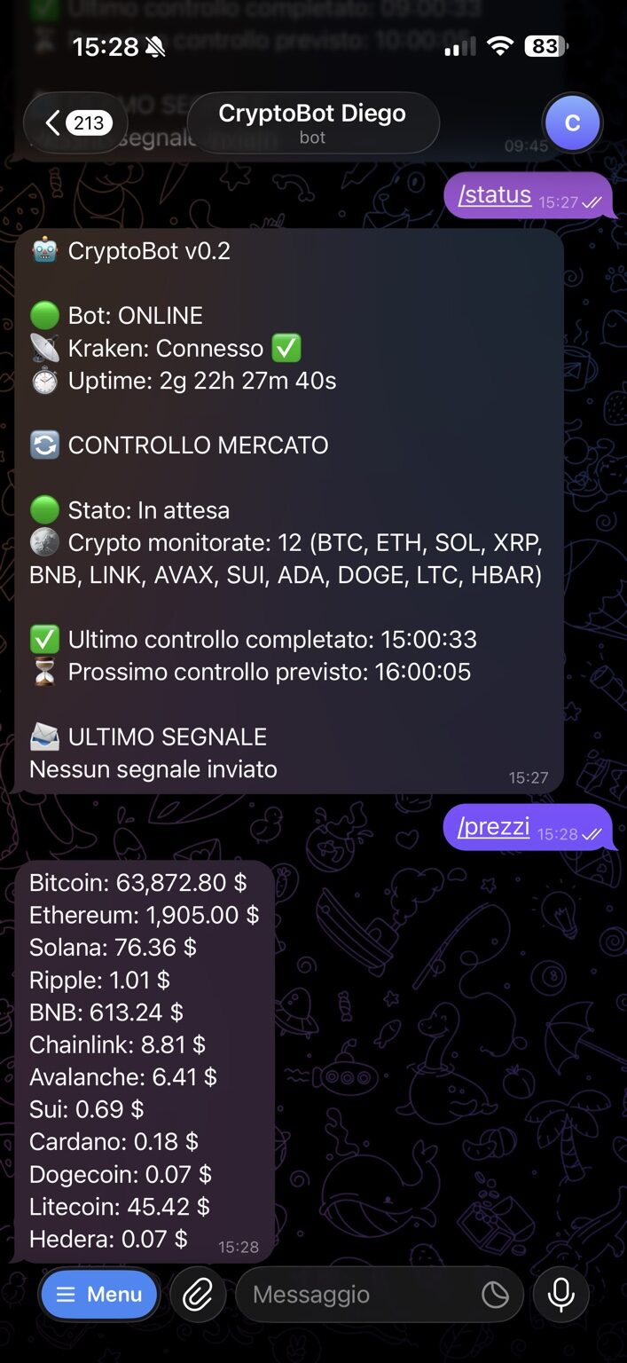 CryptoBot: stato del sistema e prezzi delle criptovalute